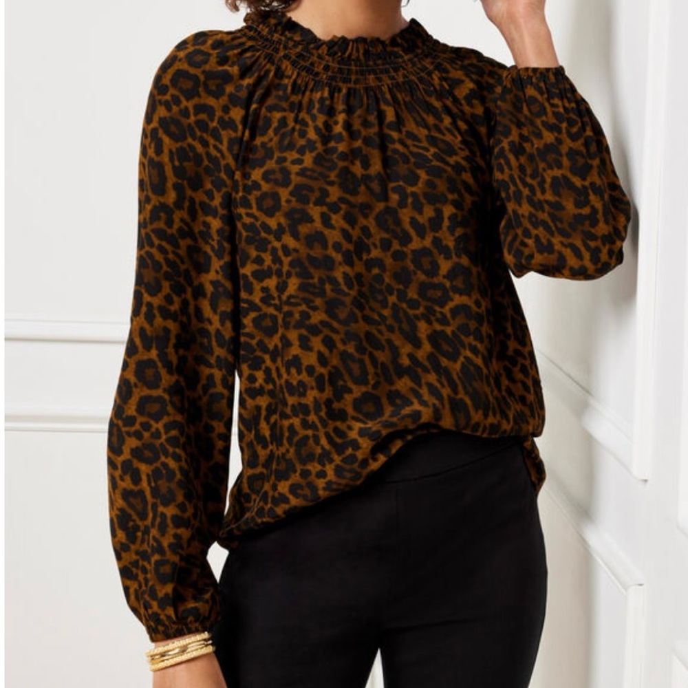 Talbots smocked leopard blouse